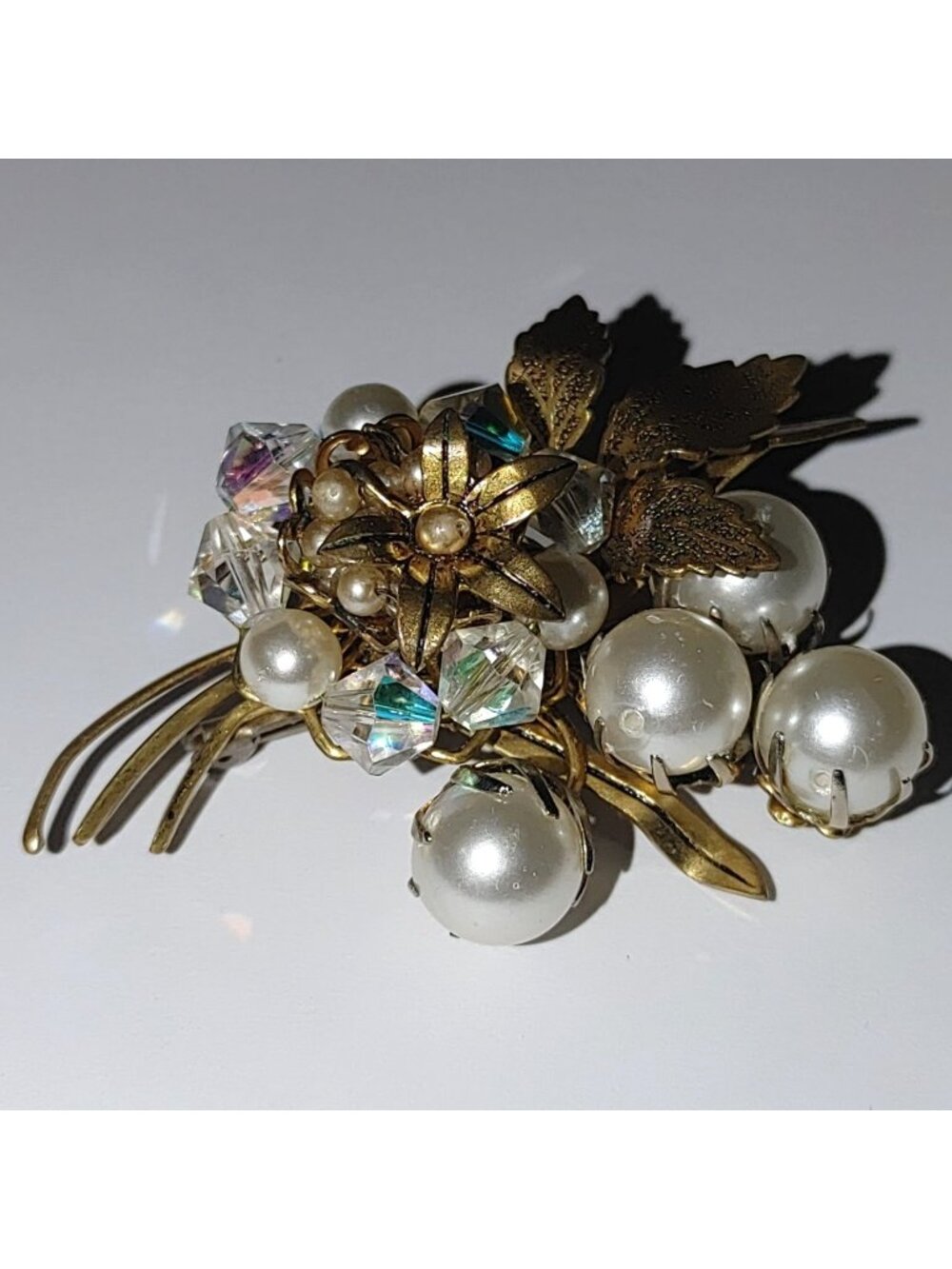 3D Floral Cluster Brooch Branch Pin Vintage Gold Tone Faux Pearls AB Rhinestones